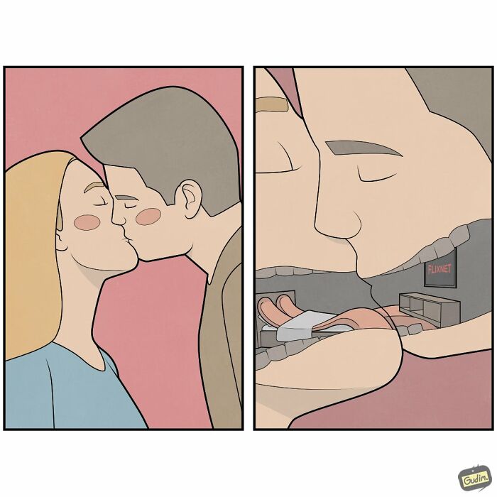Absurd comic by Anton Gudim depicting a kissing couple with one person's head opening to reveal a living room.