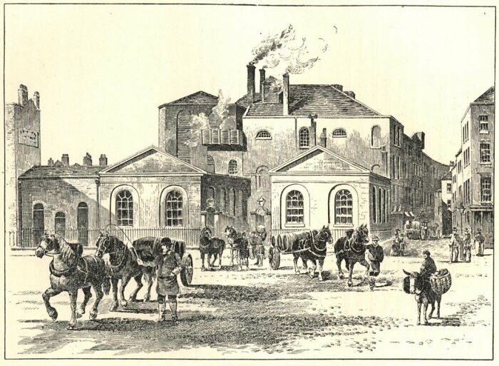 An old illustration of a bustling street with horse-drawn carts and people, highlighting cool history facts.