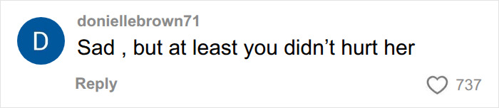 Screenshot of a comment from doniellebrown71 saying, Sad, but at least you didn't hurt her, regarding giving up baby. Screenshot of a comment from doniellebrown71 saying, Sad, but at least you didn't hurt her, regarding giving up baby.