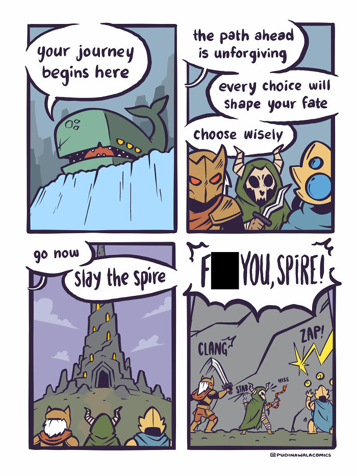 Hilarious comic showing adventurers starting a journey to slay the spire, facing challenges, then struggling in a fight.