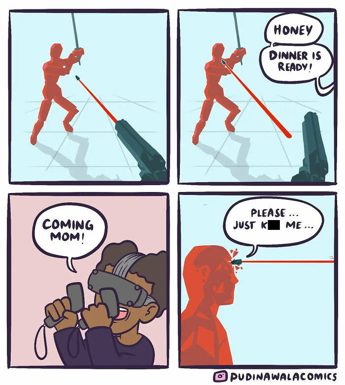 Hilarious comic depicting a person in VR gaming, intensely focused on a game with a laser beam, ignoring their mom calling for dinner.