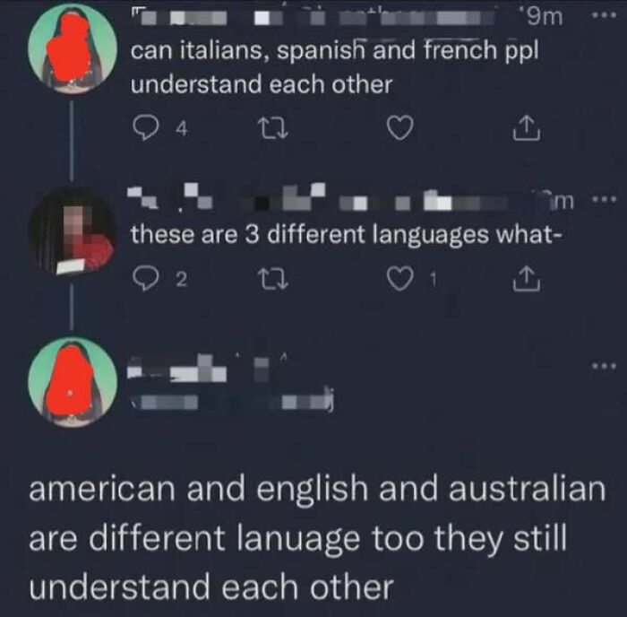 A screenshot of a conversation where Americans are very confused about the differences between Italian, Spanish, and French languages.