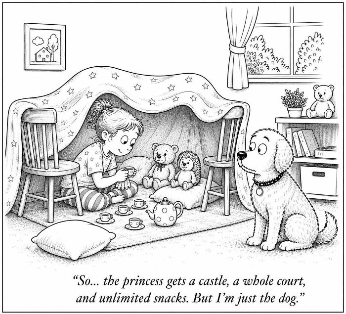 A funny dog comic of a girl having a tea party under a blanket fort, while a dog watches wistfully.