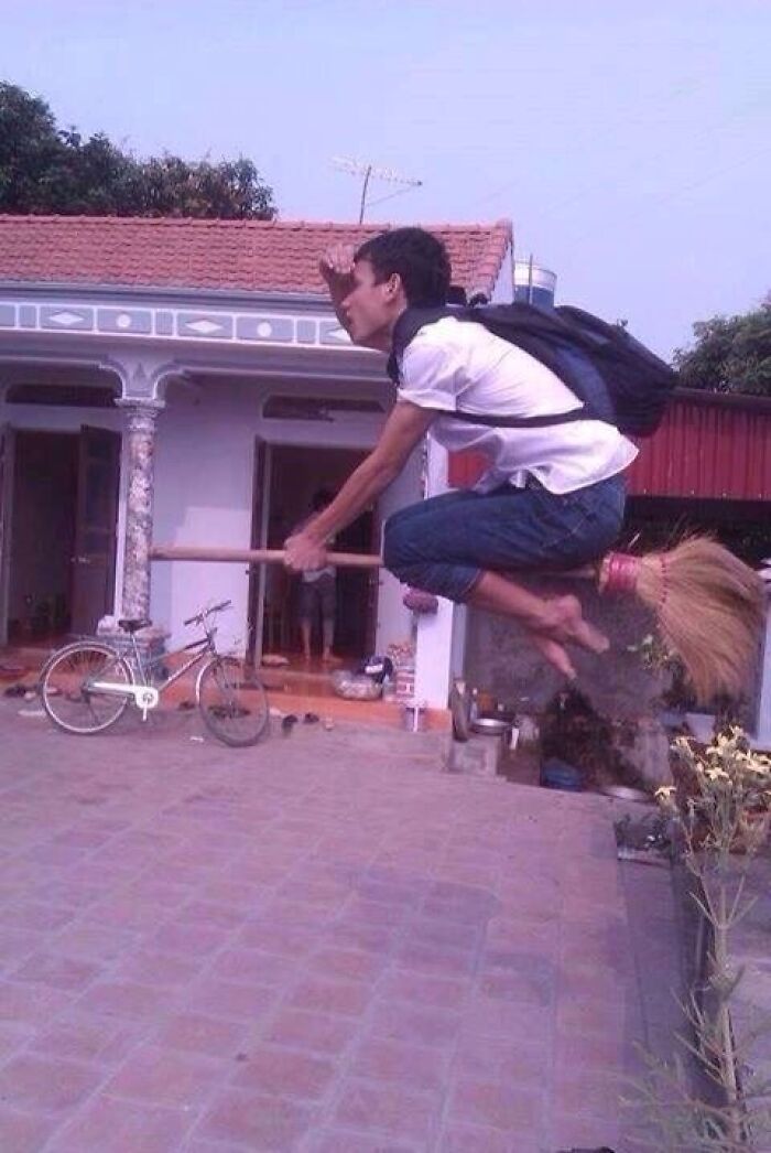 A man with a backpack appears to fly on a broomstick, a funny photo taken moments before disaster struck.
