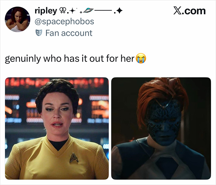 Two side-by-side images comparing a woman with a normal hairstyle to Mystique with a poorly done wig, referencing the Hollywood blockbuster mistake.