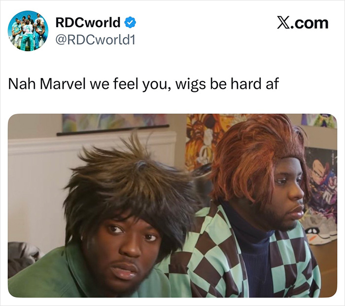Two men in wigs, reacting to the Hollywood blockbuster's disastrous mistake with their own awful wig examples.