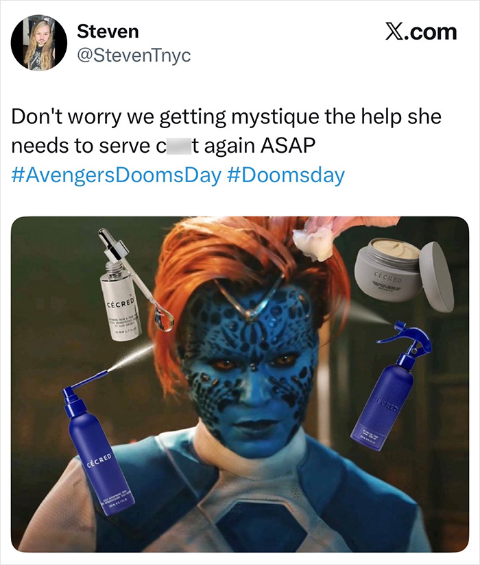 Mystique from a Hollywood blockbuster with various hair products Photoshopped around her, addressing the awful mistake.