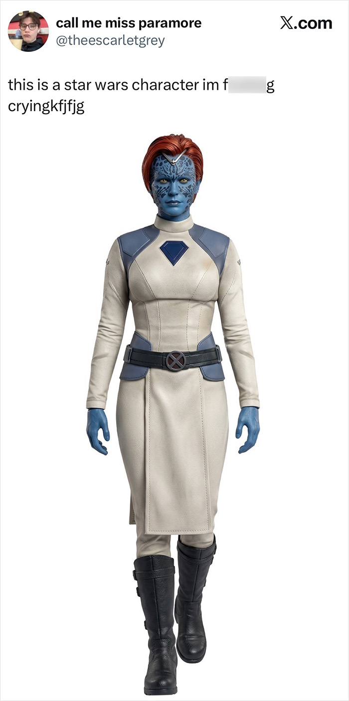 A full-body image of a Mystique action figure, resembling a Star Wars character, highlighting a disastrous mistake in a Hollywood blockbuster.