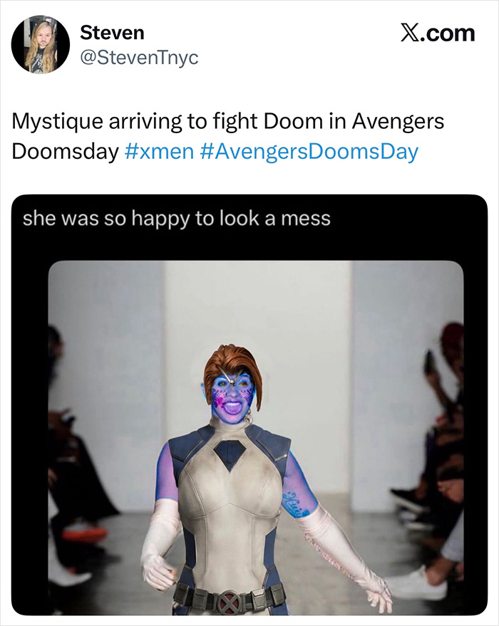 A tweet by @StevenTnyc showing a Photoshopped image of Mystique in a runway show, a disastrous mistake in a Hollywood blockbuster.