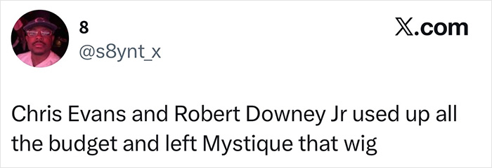 A tweet by @s8ynt_x discussing a disastrous mistake in a Hollywood blockbuster, mentioning Chris Evans and Robert Downey Jr and a wig.