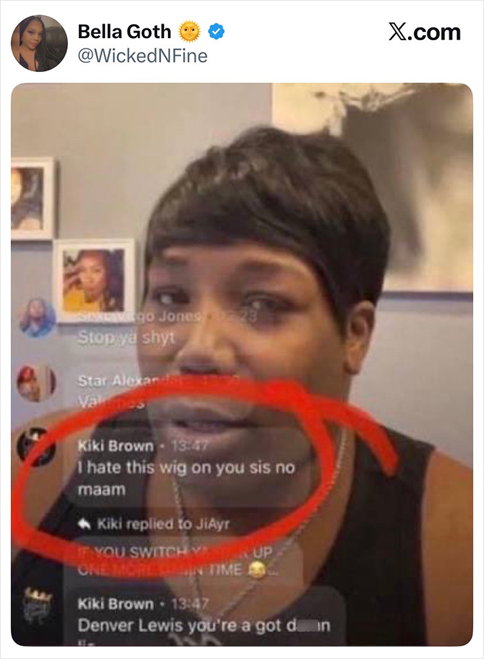 A screenshot from a video showing a woman reacting to a disastrous mistake in a Hollywood blockbuster, with a red circle highlighting a comment about a wig.