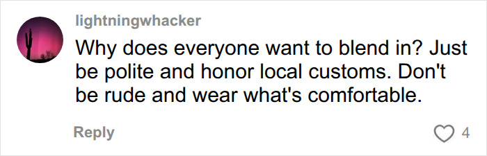 A social media comment discussing American tourists' outfit mistakes in Europe, suggesting comfort over blending in.