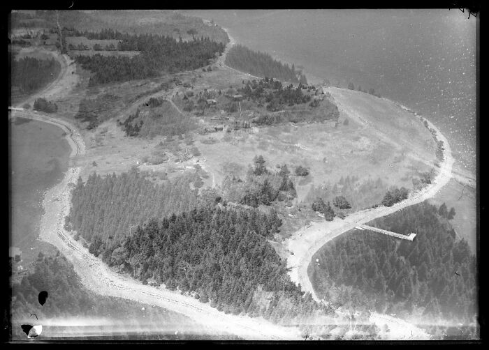 Aerial view of Oak Island, Nova Scotia, known for its unsolved mysteries and treasure hunt.