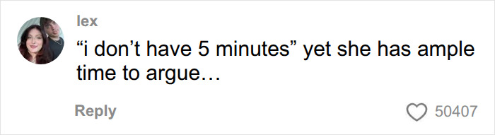 A comment on social media about a Gym Karen demanding a woman get off a machine, saying she has time to argue.
