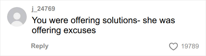 A comment on social media about a Gym Karen demanding a woman get off a machine, offering solutions while she made excuses.