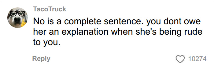 A comment on social media stating No is a complete sentence when dealing with a rude Gym Karen demanding a machine.