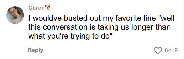 A comment on social media describing a witty comeback for a Gym Karen demanding a woman get off a machine.