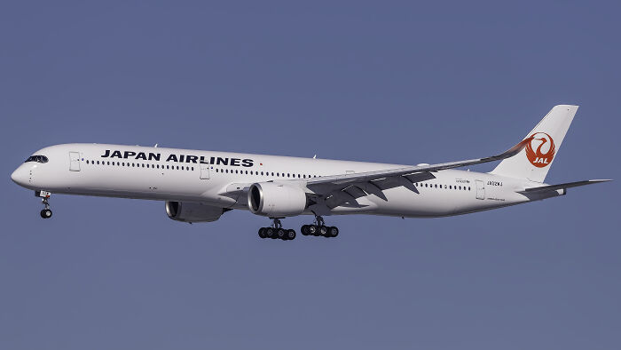 A Japan Airlines plane with its landing gear down, flying against a clear blue sky. Fascinating things about the world.