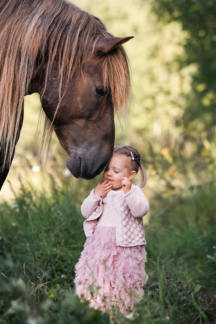 A young child in a pink dress gently touches the muzzle of a large horse in a charming Pet Photography Awards photo.