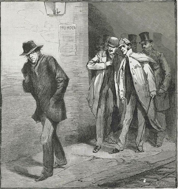 Illustration of Jack the Ripper, a notorious figure in unsolved mysteries, walking on a street.