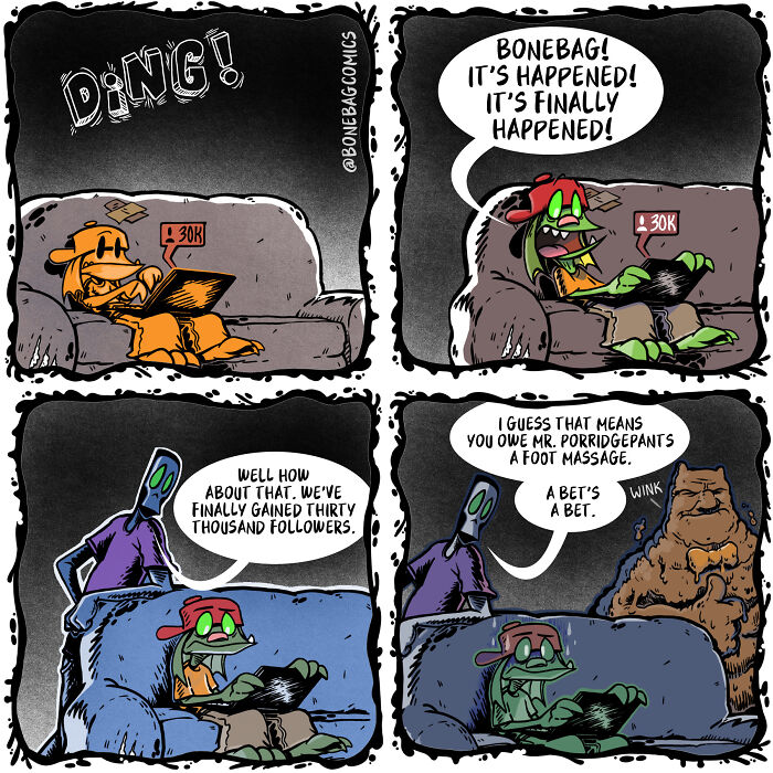 Daily life of a necromancer and assistant comic: necromancer celebrates 30k followers, assistant owes a foot massage.