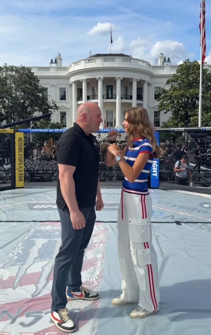 Kai Trump facing off with a man in front of the White House and a fight cage, unrelated to ESPYs interview.