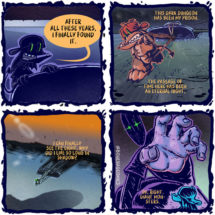 An absurd daily life of a necromancer comic: a creature trapped in a dark dungeon for years, then sees giant monsters.