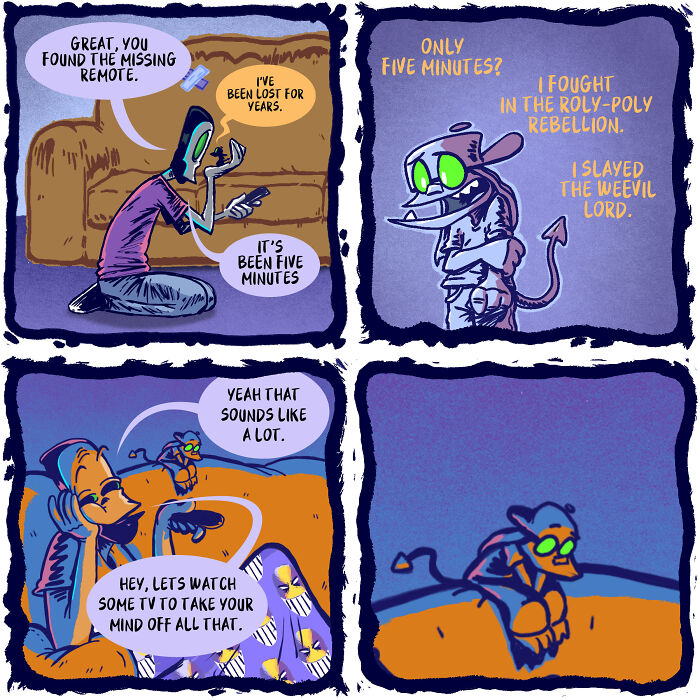 A necromancer and assistant comic shows a remote lost for years but only minutes. Daily life of a necromancer comic.