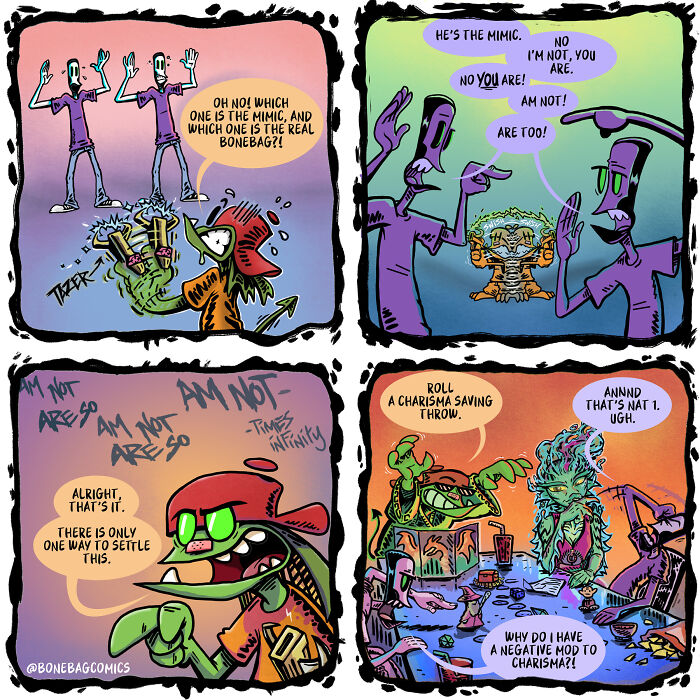 A comic strip about a necromancer and assistant dealing with mimics, a glimpse into their absurd daily life.