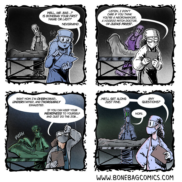 A comic illustrating a necromancer being questioned in a hospital, depicting his absurd daily life.
