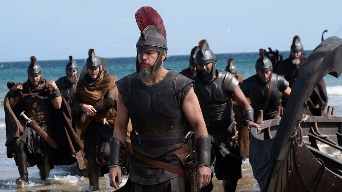 Christopher Nolan's Odyssey: Matt Damon in costume leading warriors from the sea, a new photo.