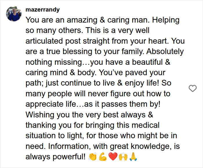An Instagram comment praising a man for revealing the struggles of hypospadias, helping others.