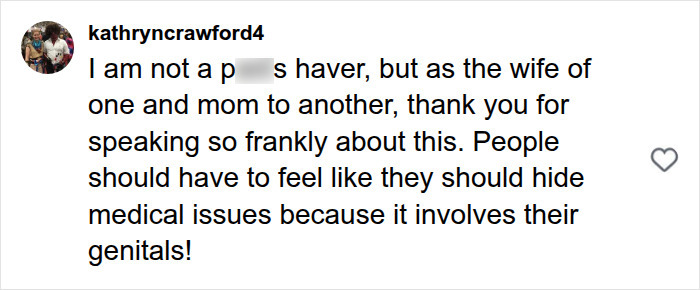 A social media comment from a wife and mom advocating for openness about medical issues like hypospadias.