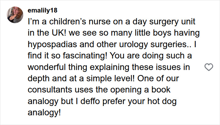 A social media comment from a children's nurse discussing hypospadias surgeries and praising the explanation of the condition.