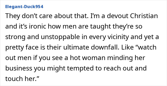 A comment discussing men-only gyms, Christian men, and the irony of men being tempted by women.