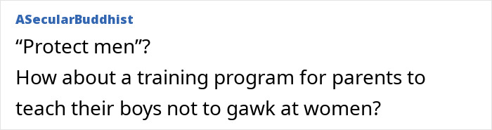 A comment questioning men-only gyms protection for men, suggesting training boys not to gawk at women.