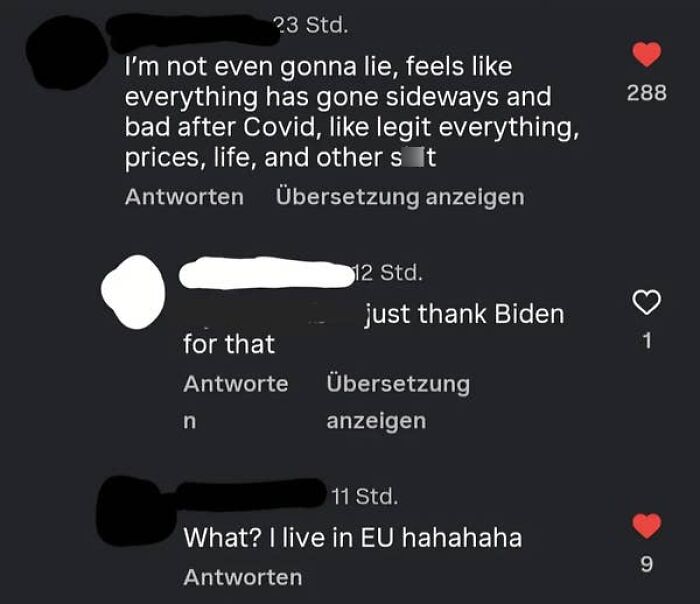 A screenshot of a comment section where a user from the EU is confused about being thanked for Biden.