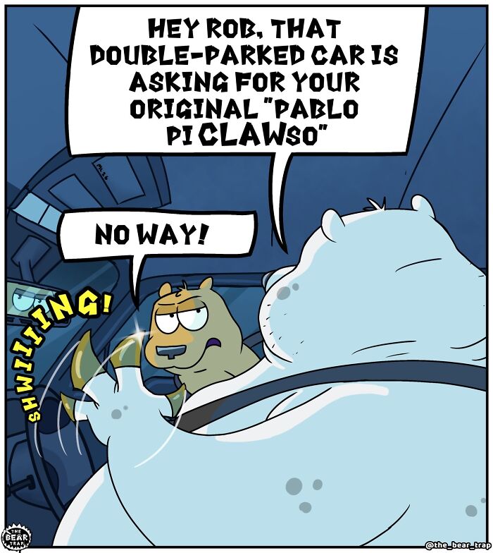 A comic of a bear inside a car, ready to scratch a double-parked car with his claws. Hilarious animal comics.