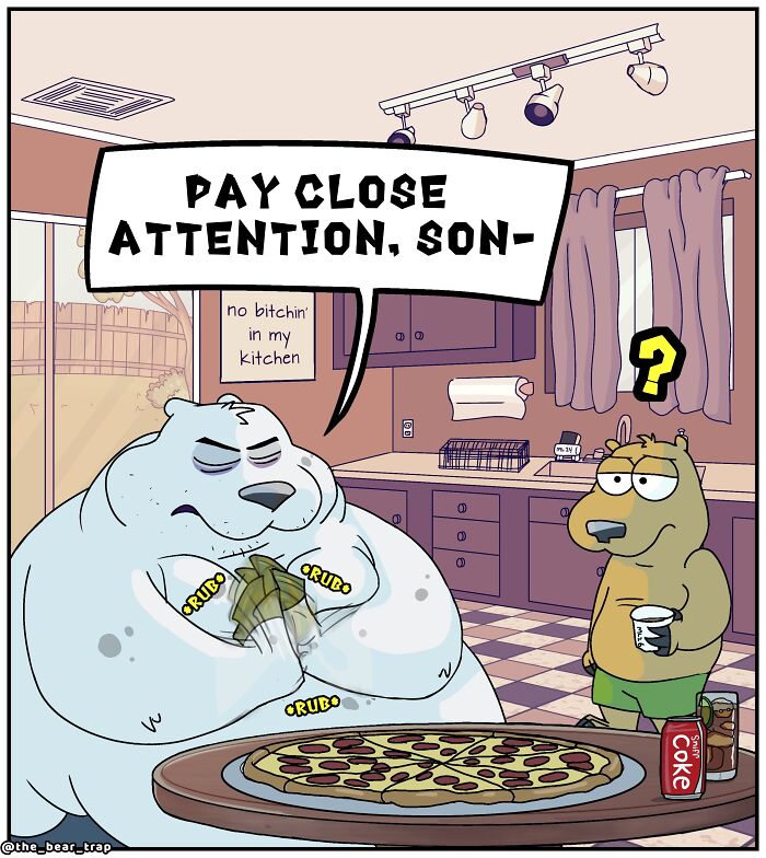 A comic showing a large white bear preparing to eat a pizza while a smaller brown animal character watches. The bear is in a kitchen, and there is a can of soda next to the pizza. This is an example of hilarious animal comics.