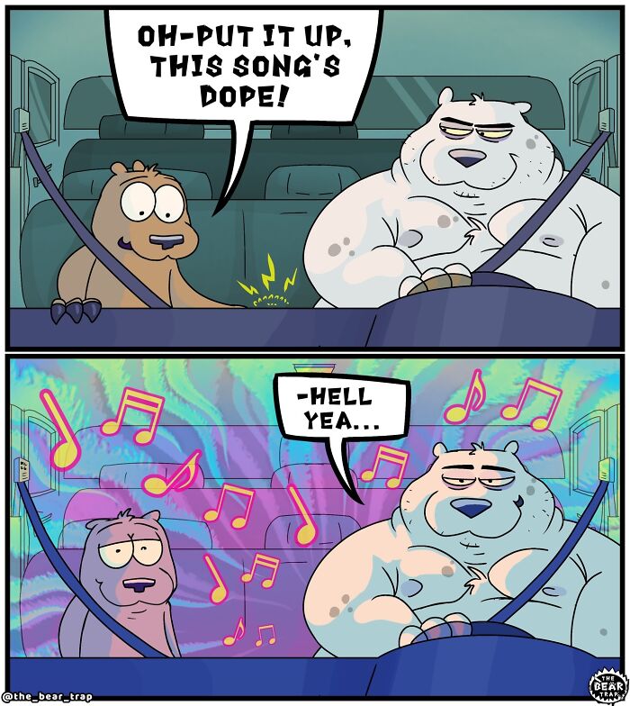 A comic showing two animal characters, a large white bear and a smaller brown one, in a car. The white bear is driving, and both are enjoying a song. This is an example of hilarious animal comics.