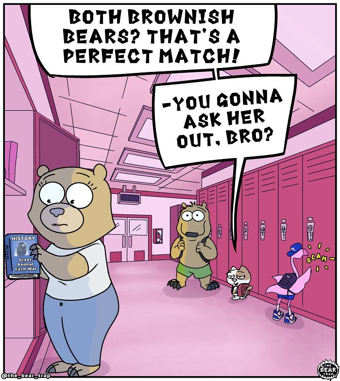 A comic of a bear holding a book in a hallway, with another animal encouraging him to ask someone out. Hilarious animal comics.