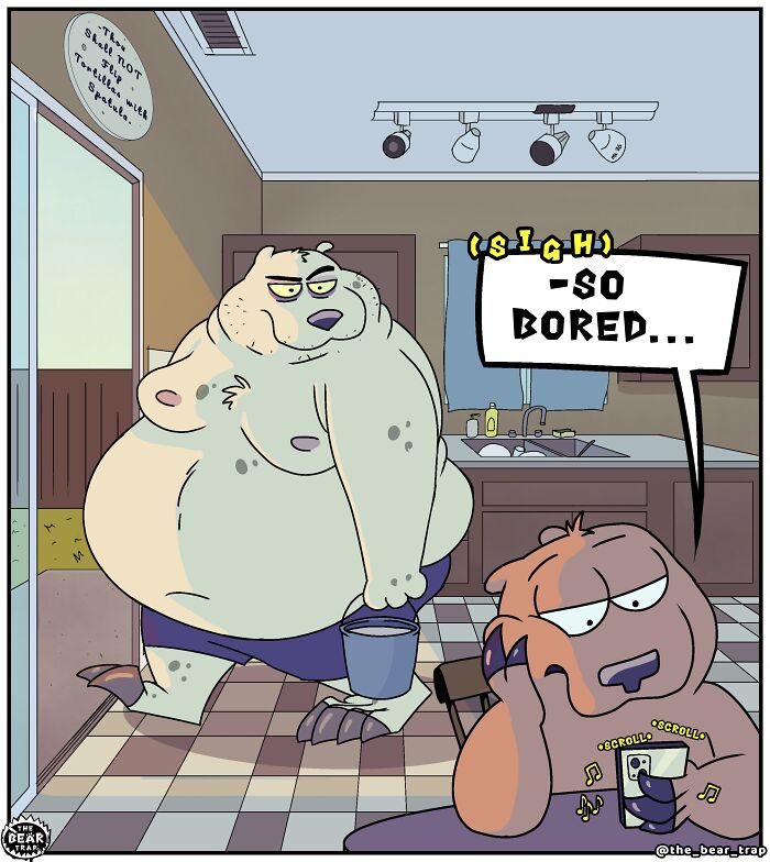 A comic of two bears, one bored and scrolling on a phone, the other walking with a bucket. Hilarious animal comics.