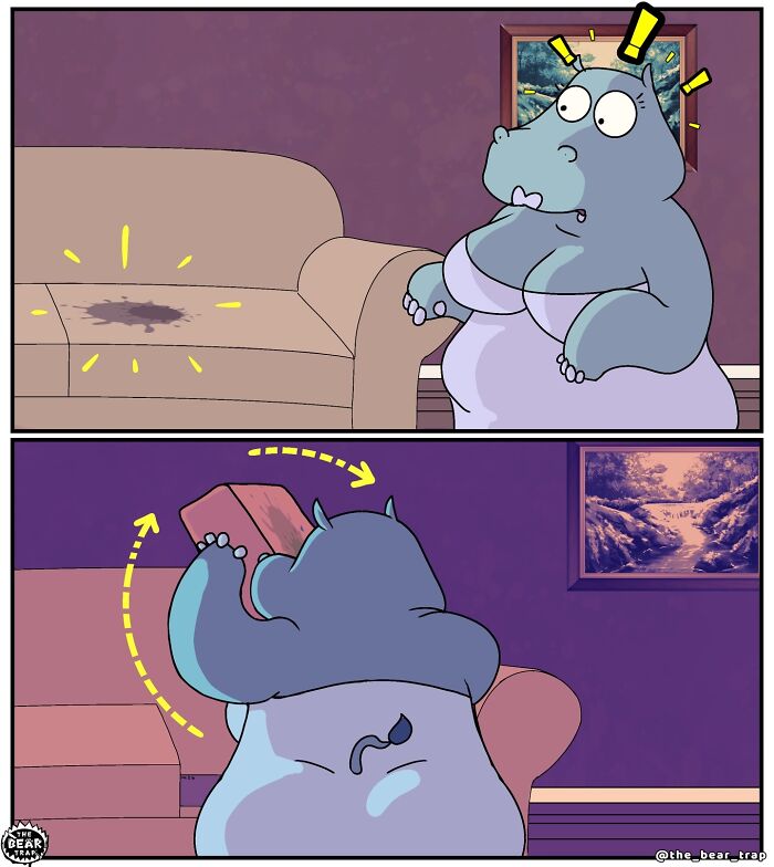 A comic of a hippo looking distraught over a stain on the sofa, then flipping the cushion. Hilarious animal comics.