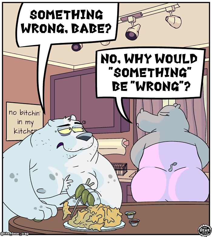Hilarious animal comics: A bear eats at a table while a hippo stands with its back turned in a kitchen.