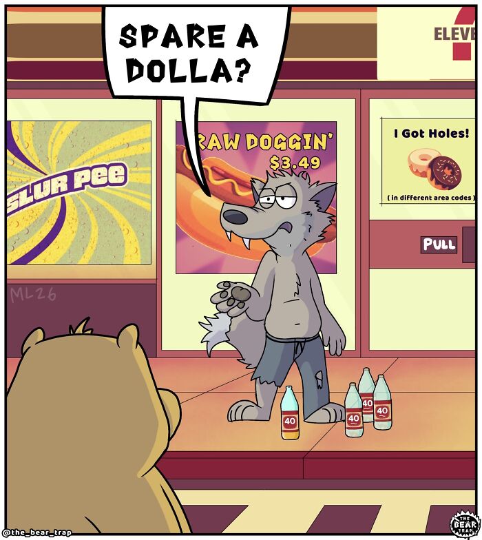 Hilarious animal comics: A wolf in tattered clothes asks a bear for money inside a store.
