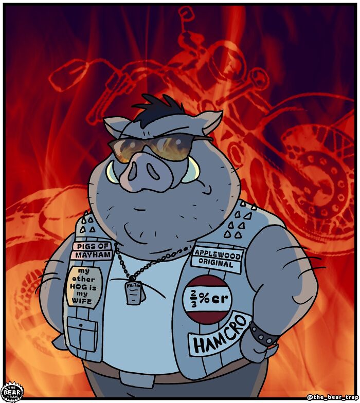Hilarious animal comics: A boar in a biker vest and sunglasses with a motorcycle silhouette in the background.
