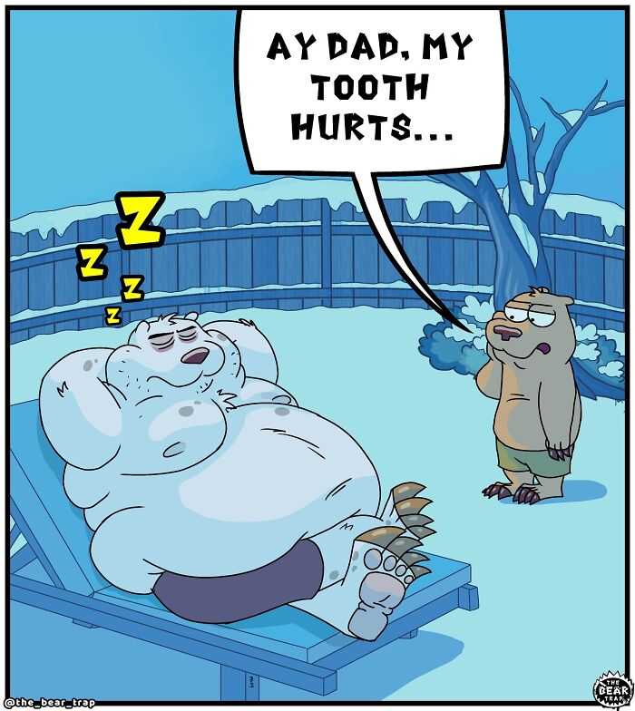 Hilarious animal comics: A sleepy bear ignores a smaller animal complaining about a toothache.