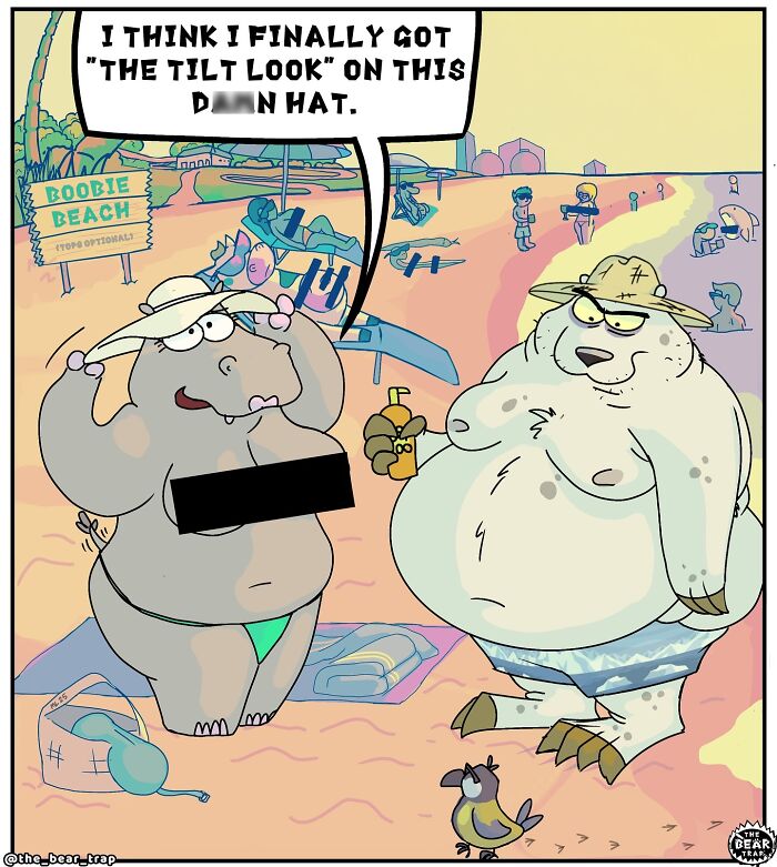 Hilarious animal comics: Two animals at a beach, one trying on a hat and the other applying sunscreen.