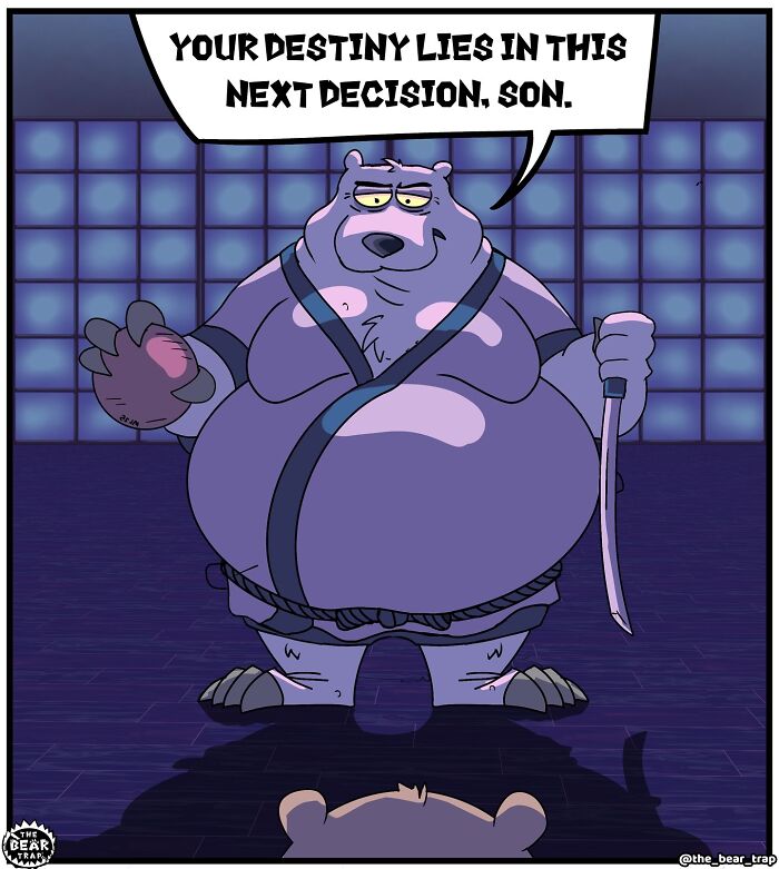Hilarious animal comics: A large bear in a martial arts uniform with a sword, telling a smaller bear about destiny.