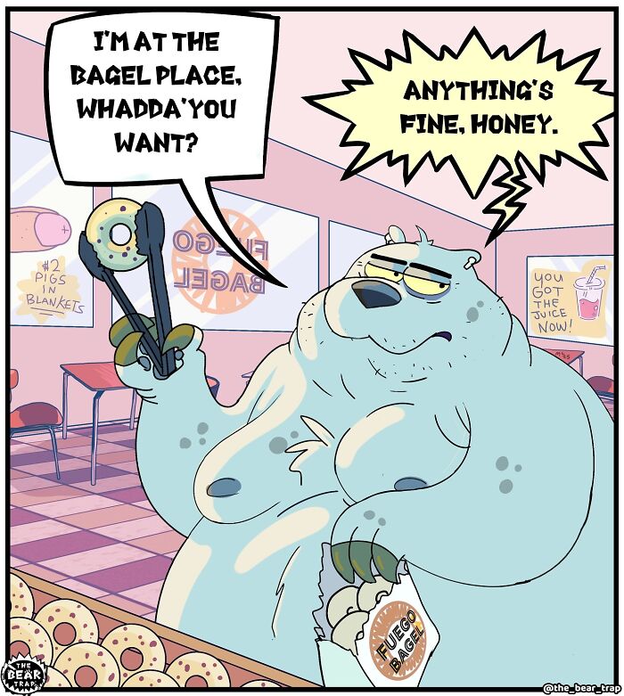 Hilarious animal comics: A bear in a bagel shop holding tongs, asking 'Whadda you want?' to an off-screen person.